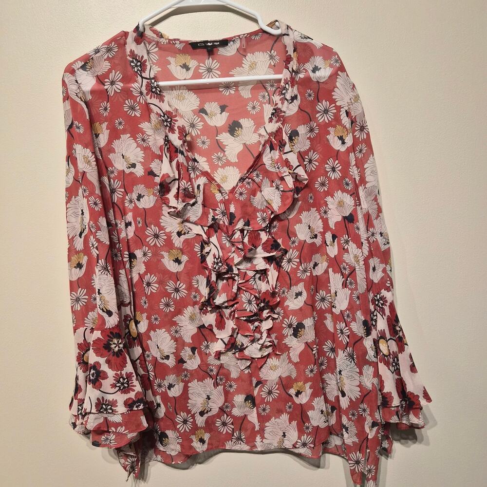 Kobi Halperin XL 100% Silk Agatha Bell Sleeve Floral Print Blouse Ruffle